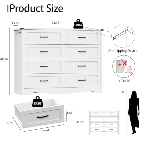 Image of Dresser for Bedroom with 8 Drawers, 54 inch Wide Wood Chest of Drawers with Deep Drawers & Mental Handle, Modern Dresser TV Stand, Wooden Closet Storage Organizer for Living Room, Hallway, Entryway, White