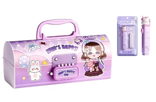 Image of Invite New Cartoon Theme Pencil Box with Push Pull Eraser Set for Kids | Suitcase Style Password Lock Stationery Organizer | School Supplies Gift Combo for Boys & Girls (Nini Happy Purple + Eraser)