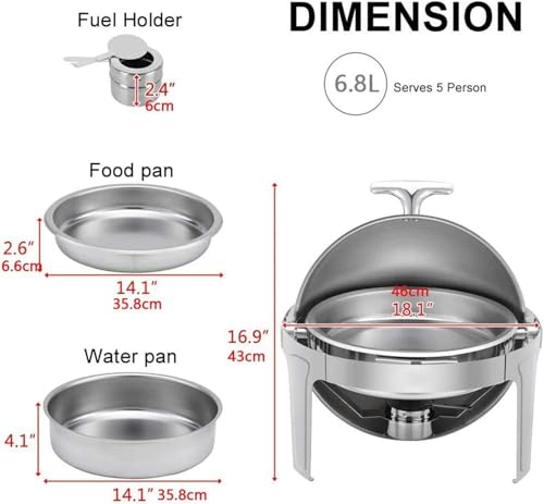AFLEPCBRQ Roll-Top-Chafing Dish, komplettes Edelstahl-Chafer- und Buffetwärmer-Set mit Lebensmittelpfanne, Wasserpfanne und Brennstoffhaltern für Hochzeiten und Partys (rund, 6 l) – Bild 7