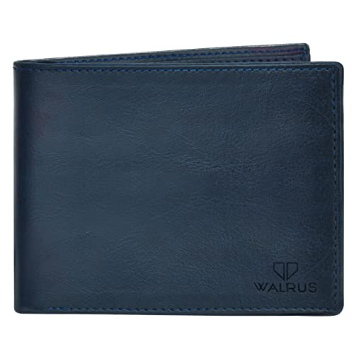 Image of Walrus Blue Color Vegan Leather Bi-Fold Men's Wallet with RFID Protection - Wallet for Men - 3 Card Pockets, Coin Pocket, Lightweight- Men's Purse for Gift