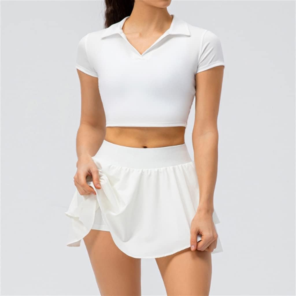 Women's Tennis Sports Short Sleeve Top + Pleated White Skirts Skort 2PCS Set Sports Running Badminton Skirt Skorts (Color : A, Size : X-Large) (A Small)