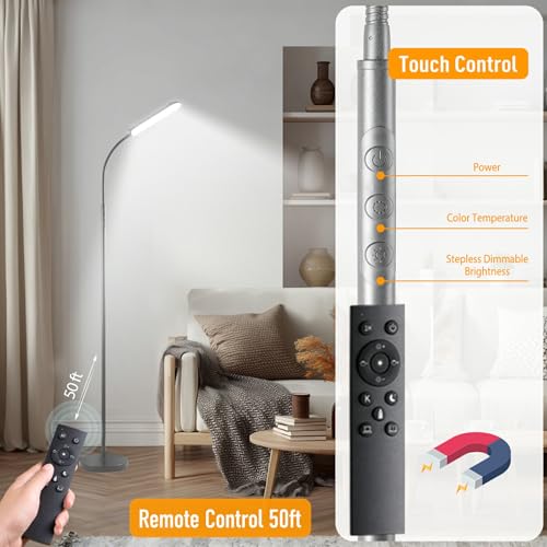 Image of marctronic Grey LED Floor Lamp, 18W 1800LM Bright Floor Lamps with Remote & Works with Smart Plug, Dimmable Timing Eye Caring Reading Light Modern Standing Floor Lamp for Living Room Bedroom Office