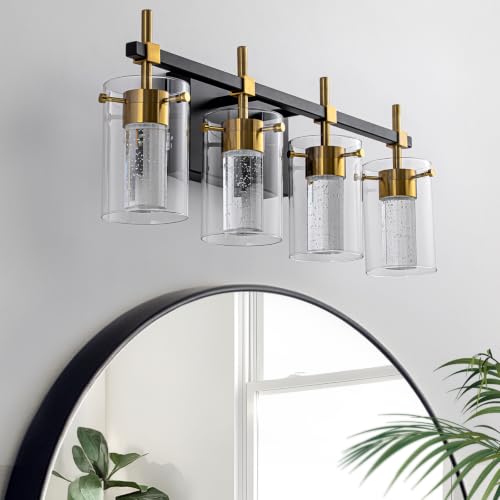 Image of 4-Light Black and Gold Vanity Light with 3 Color Modes (3000K /4000K /6000K), Eye Protection LED Bathroom Light Fixture, Dimmable Modern Wall Light Over Mirror with Clear Glass Shade