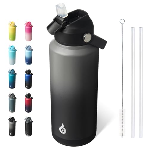 Image of BJPKPK Water Bottle with Straw Lid, 32oz Vacuum Insulated Water Bottles, Metal Stainless Steel Thermo for Sports, Travel, BPA Free Leak Proof Thermo, Cups, Flasks, Tumblers,Black Grey