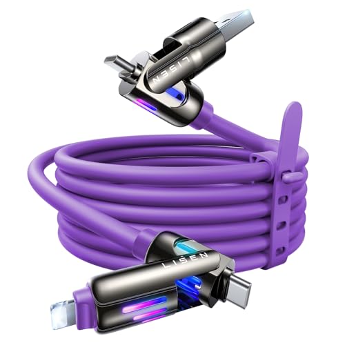LISEN 240W Chubby USB C to USB C, 4 in 1 Charging Cable (6.6FT) with Light, USB A/C to C/L Multi Charging Cable for iPhone 16 15 14 Pro Max/MacBook/iPad Pro/SamSungS24,Purple