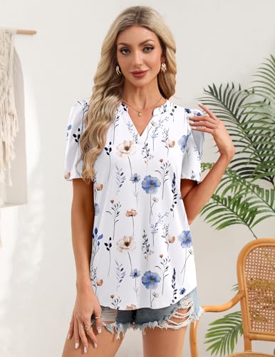 Image of Zeagoo Women Blouses Puff Short Sleeve Tops V Neck Dressy Casual Spring Shirts Boho Floral Cute Clothes 2026