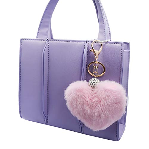Women's Heart Faux Fur Pom Pom Key Chains Bag Accessory Puffball Keyring Backpack Charms For Girls(Pink) #TOP2