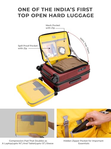 Image of EUME Aerotop Cabin Trolley Bag Small | Top Open Suitcase | Expandable Hard Polycarbonate Luggage | TSA Lock, Anti Theft Zipper, Silent Wheels | 16 inch inch Laptop Holder + Charging Port | 50L Red