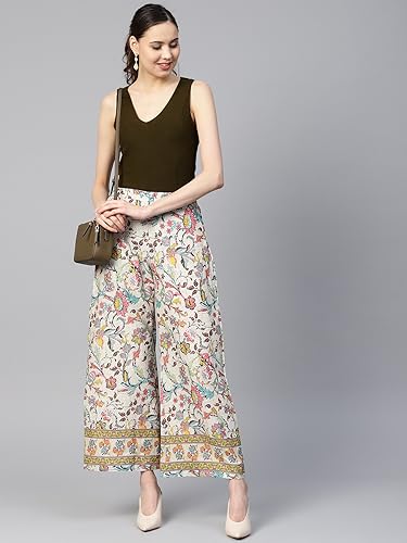 Image of Yuris Women Beige Pink Printed Wide Leg Palazzos -