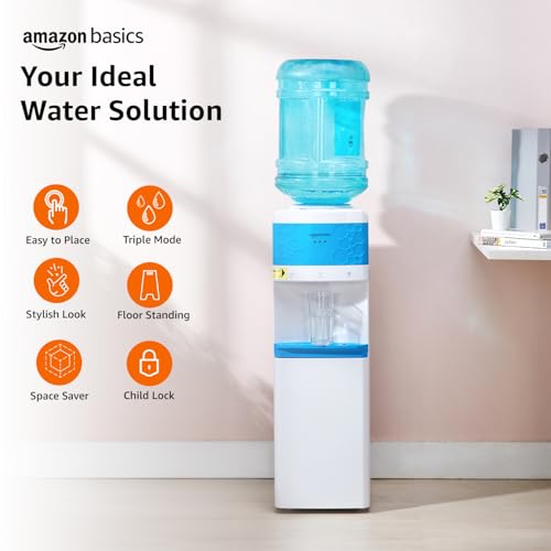 Image of amazon basics Hot and Cold Floor Standing Water Dispenser, Top Loading, 20Litre White & Blue Deco