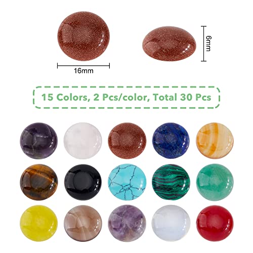 SUPERFINDINGS 30Pcs 15 Styles Natural Cabochon Gemstone 16mm Half Round Dome Flatback Quartz Stone for Necklace Jewelry Making DIY Craft Handmade - Image 2