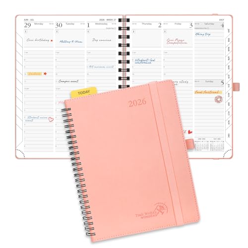 POPRUN Diary 2026 Week to View A5 (22x16.5 cm) Soft Cover Spiral Diary 26 Appointment Vertical Weekly Work Planner, Monthly Tabs, 100GSM Paper (Pink)