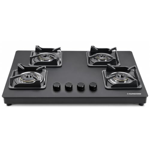Sunshine Shine Platinum 4 Burner Gas Stove Hob Top | Matte Toughened Glass | 10-Year Glass Warranty | Auto Ignition | No Slab Cutting | 5G Forged Brass Burners | SABAF Italian Valves