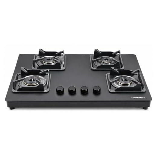 Sunshine Shine Platinum 4 Burner Gas Stove Hob Top | Matte Toughened Glass | 10-Year Glass Warranty | Auto Ignition | No Slab Cutting | 5G Forged Brass Burners | SABAF Italian Valves