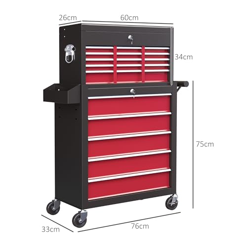 HOMCOM 2 in 1 Rolling Tool Cabinet on Wheels with 14 Drawers, Pegboard and Side Rack, Lockable Top Tool Chest and Roller Cabinet Combo for Workshop and Home, Red 3 HOMCOM 2 in 1 Rolling Tool Cabinet on Wheels with 14 Drawers, Pegboard and Side Rack, Lockable Top Tool Chest and Roller Cabinet Combo for Workshop and Home, Red - Image 3