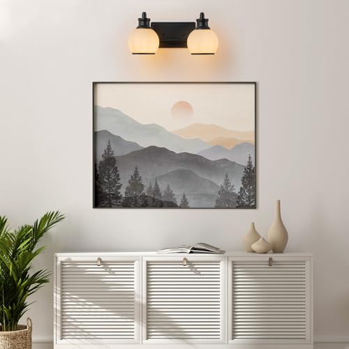 Image of 2 Light Modern Bathroom Light Fixtures Over Mirror (LED Bulbs Included), Black Vanity Lights for Bathroom Wall Sconces with Milky White Globe Glass Shades