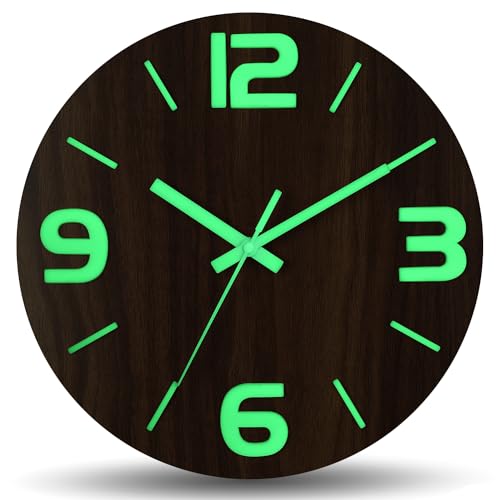 Image of HZDHCLH Wood Wall Clock Glow in The Dark,Luminous Wall Clocks with 3D Numbers,Decorative Wall Clock Battery Operated for Bedroom Kitchen Living Room Office (Brown)