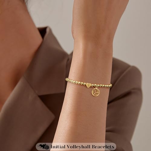 Volleyball Stuff, Volleyball Gifts Initial Bracelet Adjustable Letter A-Z Gold Beaded Bracelets for Women Heart Link Stocking Stuffers Mothers Day Gift Basket Christmas Graduation Jewelry3