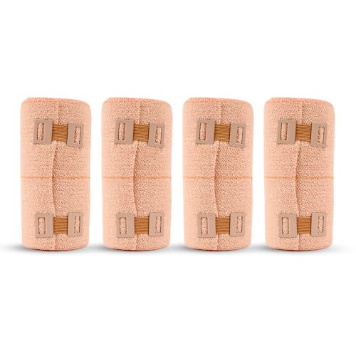 Image of Q DEVICES Elastic Crepe Bandage for Pain Relief (10 cm x 4 m) | Skin-Friendly Breathable Cotton Crepe Bandage for Sports Injuries, Sprains, Joint Support & Varicose Veins (Pack of 4)