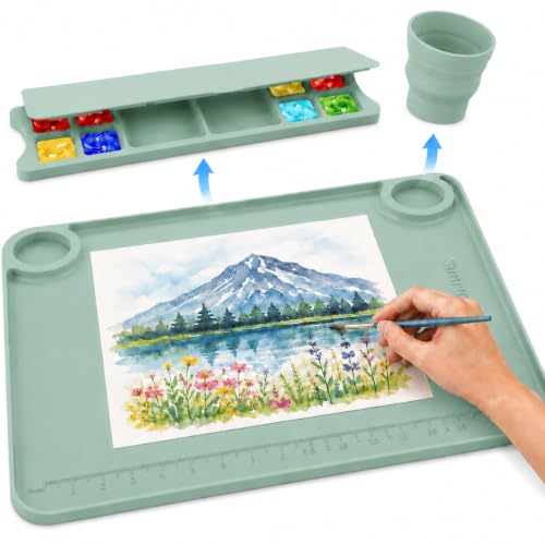 Image of Svartur Silicone Painting Mat with Cup and Palette Detachable, 17 inchX13 inch Thick Silicone Craft Mat with Raised Edge for Artist, Painting Station Creator Mat, Green