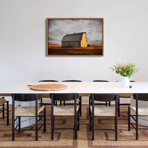 Image of Farmhouse Old Barn Canvas Wall Art Vintage Western Barn Pictures Wall Decor Rustic Country Landscape Canvas Pictures Golden Sunset Farm Rural Artwork for Living Room Office Home Decorations 24x36 inch