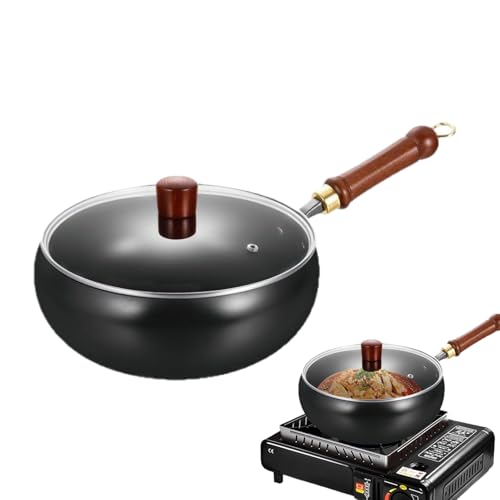 Rrlihjgu Sartén profunda para wok, sartén profunda con mango de madera, resistente a los arañazos, sin revestimiento, utensilios de cocina de inducción de fondo plano para hornear, estofar y freír