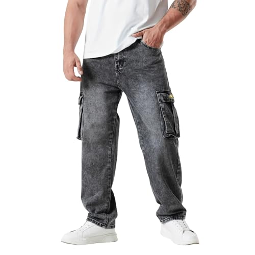 Jeans Pants Trousers Denim Loose and Trendy Street Dark Grey Multi Pocket Casual Straight Leg Commuting for Men