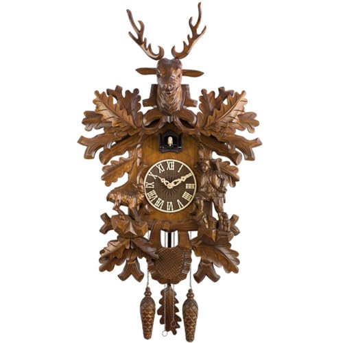 Cuckoo Clocks 3D Deer Head Realistic Cuckoo Clock, Quartz Movement Durable Wall Clock, Solid Wood Carved Kitchen Clock, for Schools and Libraries, Roman numerals, Brown