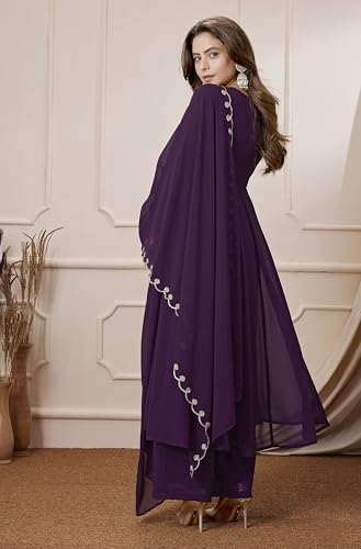 Image of Janasya Women Georgette Embroidered Kurta with Palazzo & Dupatta Purple Color Trending Outfit