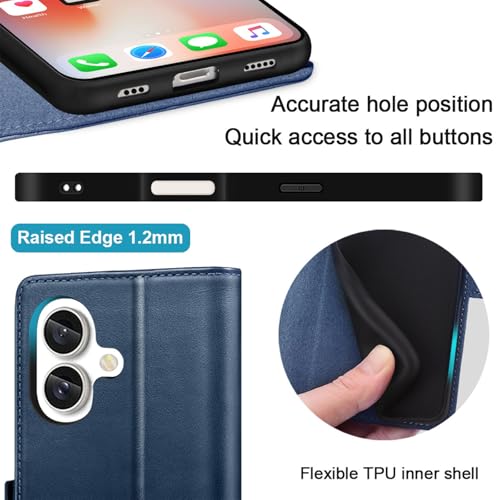 KEZiHOME Wallet Case for iPhone 16 Plus, Genuine Leather RFID Blocking with Card Slots, Magnetic Kickstand Shockproof Phone Flip Cover Case Compatible with iPhone 16 Plus 5G 6.7 inch (Blue) - image 3