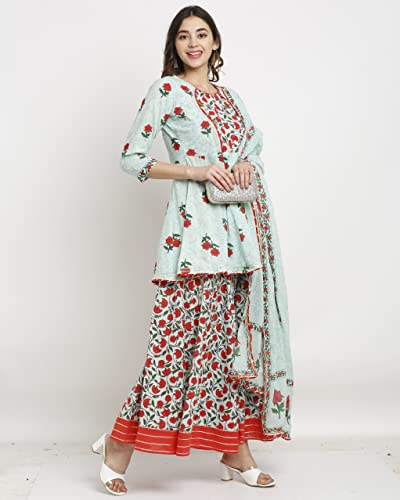 Image of Rajnandini Women's Pure Cambric Cotton Jaipuri Floral Printed A-Line Kurta Set With Dupatta (Ready To Wear; Sea Green; Small)(JOPLJPR803-S)