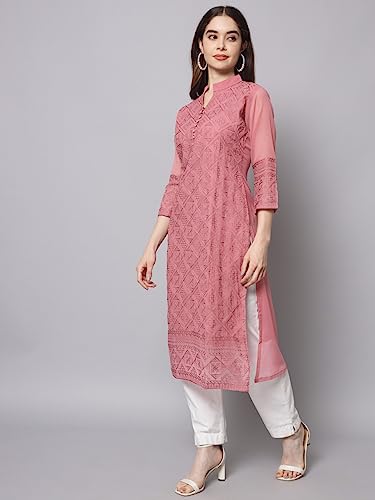 Image of Ekasya Women's Georgette Embroidered Work Kurta with Notch Neck 3 /4 Sleeves Straight Cut Calf Length | E1547