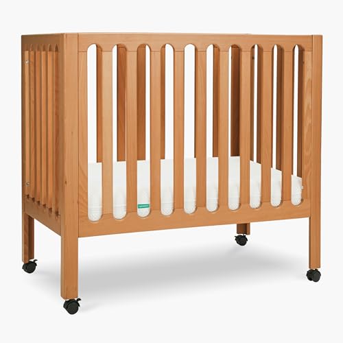 Newton Baby Galileo Mini Crib Solid Beech Wood with Wheels in Chestnut Color, Mini Crib Mattress Included, Adjustable Mattress Height, Ultra-Safe Non-Toxic Finish