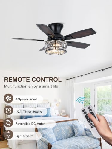Image of 42 Inch Flush Mount Crystal Ceiling Fan with Lights and Remote