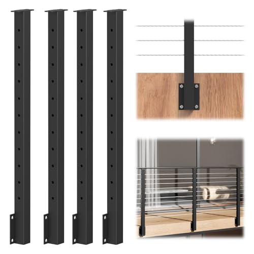 Image of BLIKA 4 Pack 36 inch Side Mount Cable Railing Posts, Stainless Steel, Level Drilled Side Fascia Mount Deck Post for Cable Railing Kit, Black Powder Coated Side Mount Line Posts