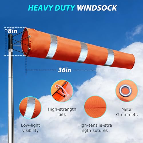 8 in x 36 in Aviation Grade Wind Sock,Heavy Duty Airport Windsock Kit Pole Kit with Swivel, Includes No-Dig Ground Anchor Metal Pole, Assembly Height 9 Ft, for Aviation/Industrial/Agricultural