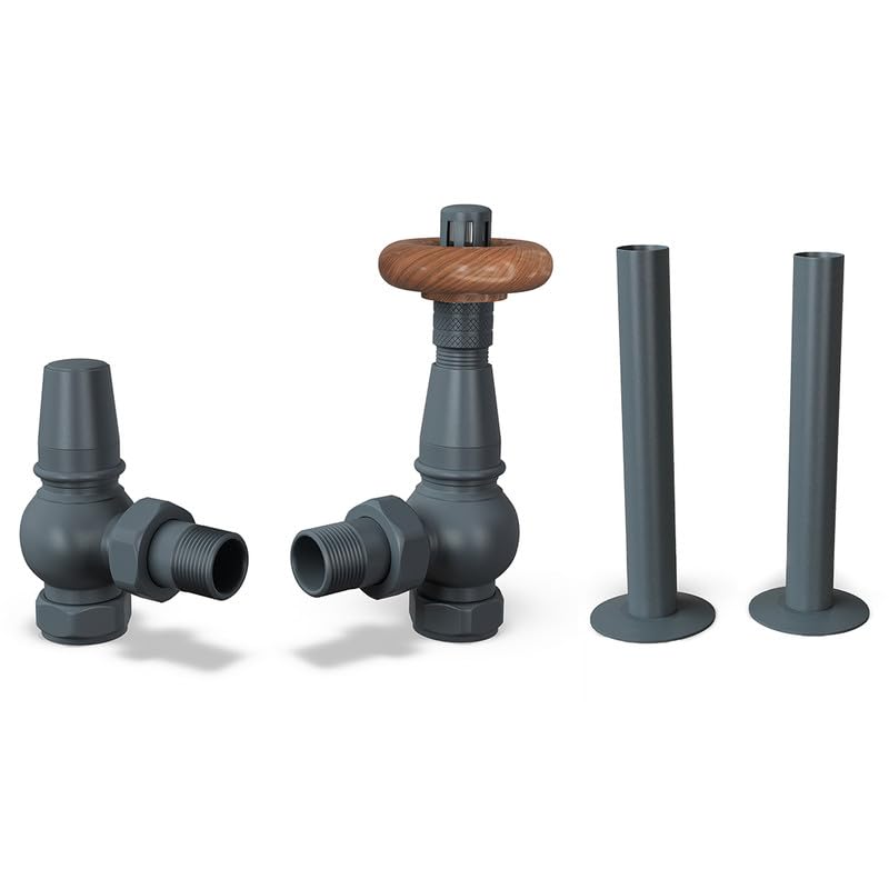 UK Radiators Anthracite Thermostatic Radiator Valves and Angled Lockshield Valve - Matt Anthracite Finish - Traditional Design 1/2" x 15mm Angled Radiator Valves with 130mm Pipe Sleeves