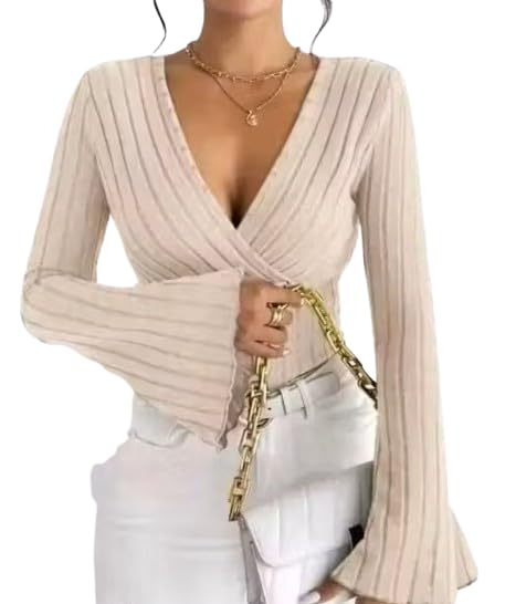 Image of Women Ribbed Knit V-Neck Wrap Top | Long Flare Sleeve Slim Fit Stylish Blouse for Casual