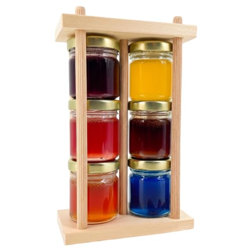 FOODOKO FINEST - Honig Geschenkset 6×40g Früchte-Honig mit Erdbeere Blaubeere Brombeere Apfel Himbeere & Spirulina Handgemachtes Holzgestell Feinkost Geschenk