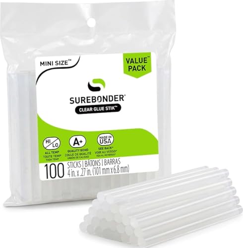 Surebonder Clear, All Purpose, All Temp., Mini Size Hot Glue Sticks 0.27 in. Diameter, 4 in. Length -100 Pack