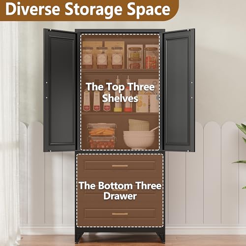 Image of Polup Kitchen Pantry Cabinet, 75 inch Tall Pantry Cabinet with Three Drawers, Metal Storage Cabinets with Doors and Shelves, Freestanding Food Cupboard for Dining, Living Room, Black, Assembly Required