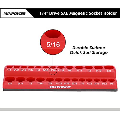Image of MIXPOWER 1 /4 inch SAE Magnetic Socket Organizer, Holds 13 Piece Shallow Socket and 13 Piece Deep Sockets, Total 26 Slot, Red, SAE, Magnetic, Heavey Duty