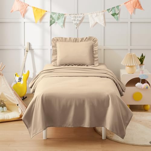 Image of KKJIAF 3 Piece Toddler Sheet Set Microfiber, Includes a Flat Sheet, a Fitted Sheet and a Ruffle Pillowcase, Khaki