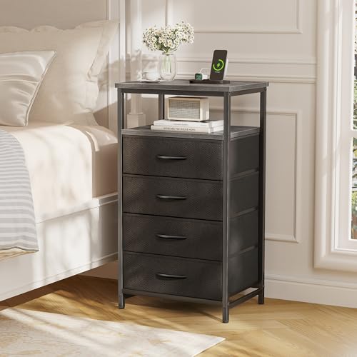 Image of Huuger Night Stand with Charging Station, 4 Drawer Dresser for Bedroom, Bedside Table, 33.5 Inch Tall Nightstand with Open Shelf, End Table, for Closet, Entryway, Bedroooom, Gray