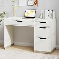 MaverickFurni 48 Inch White Desk with Drawers, Small Desk with 4 Storage Drawers for Kids, Computer Study Desk with Filing Drawers for Home Office