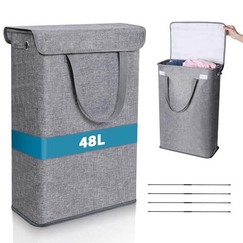 Romon Paniers à Linge avec Couvercle, Laundry Basket Panier Linge Pliable 48L, Bac a Linge Sale Poubelle à Vêtements Sales Panier Rangement Corbeille a Linge pour Vêtements, Serviettes, Jouets, Gris