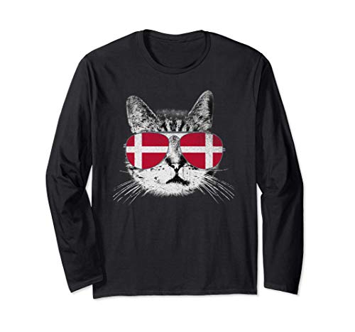 Cat Shirt Denmark Flag Country Retro Funny Men Women Gift Manga Larga