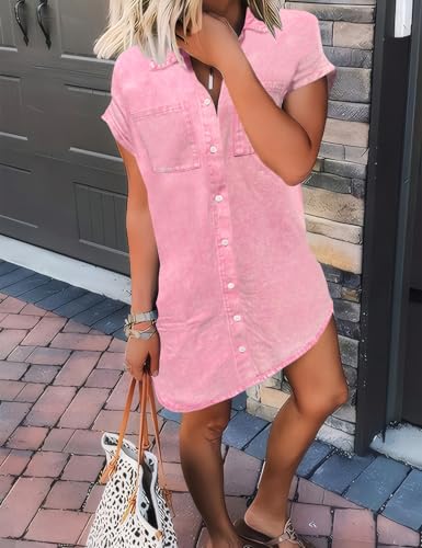 Image of Zilcremo Women Summer Short Sleeve Button Down Denim Shirt Dress