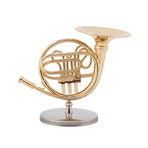Fdit Cuerno Francés en Miniatura, Réplica Chapada en Oro de Latón con Soporte, Modelo de Instrumento Detallado para, Decoración del Hogar y de la Sala de Música