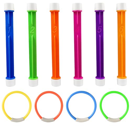 Gubilacrum 10 Pcs Swimming Toys with 6 Pcs 19cm Dive Sticks and 4 Pcs 13.5cm Dive Rings Colorful Diving Sticks with Numbers Pool Games Toy for Skill Development Underwater Swim Toy for Swimmers